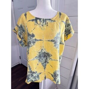 BELLAMBRA Women's Yellow 100% Linen Top‎ Small Italy Short Sleeves Lagenlook